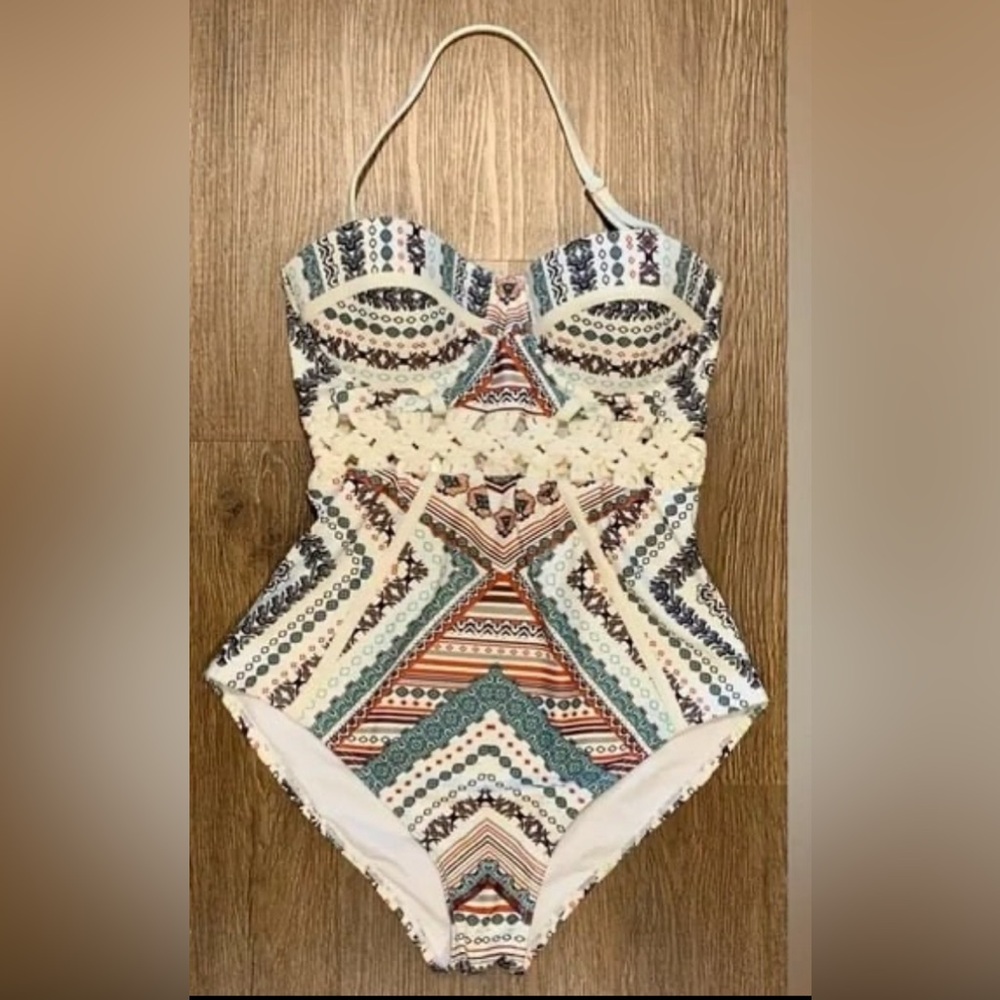 NWT, River Island, Macrame One Piece Swimsuit w/ Molded Cups, Size UK 10
